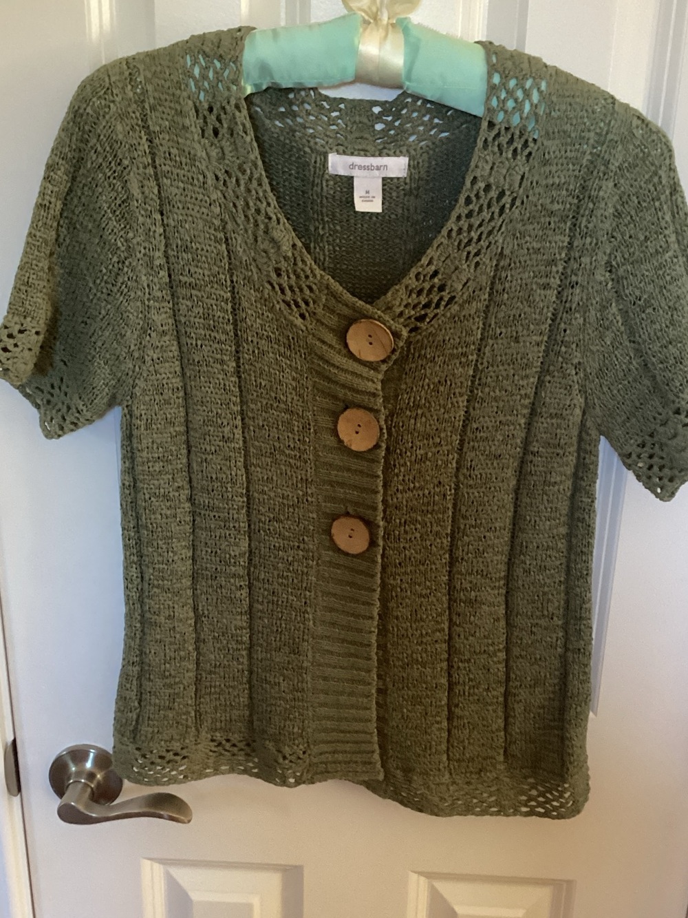 dressbarn Olive Short-Sleeve Button Front Knit Cardigan